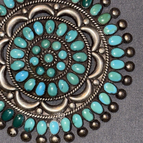 Native American Zuni Lee Mary Weebothee 3" Turquoise Sterling Silver Pin Brooch - Picture 4 of 6